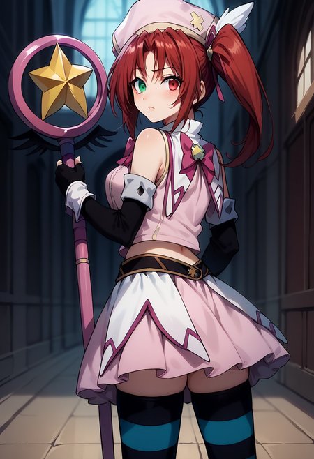 score_9, score_8_up, score_7_up, score_6_up, 1girl, ((magical girl)), bokeh, Heterochromia, red eye, green eye, m4g1c4lg1rl0utf1t, MagicalGirlOutfit,Magical Girl Outfit (HDXD), red hair, blonde hair, multicolored hair, hat, thighhighs, fingerless gloves, gloves, striped, striped thighhighs, magical girl, elbow gloves, headwear,, skirt, looking back, staff,  side ponytail, standing, gloves,