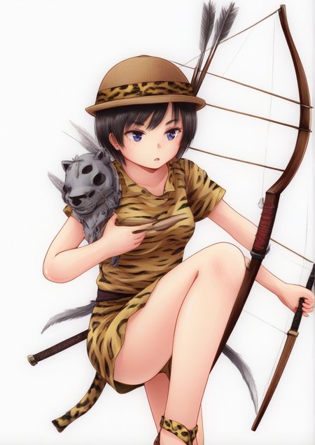 (1girl),animal print, arrow (projectile), asymmetrical clothes, bare legs, blue eyes, bow (weapon), brown footwear, hat, holding, holding bow (weapon), holding mask, holding weapon, leopard print, looking to the side, mask, purple eyes, quiver, sandals, short hair, solo, tiger print, weapon, white background <lora:rokujyou:1>