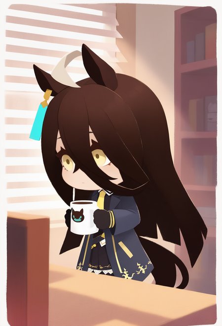 onmyojistyle, chibi, masterpiece, best quality, <break> white border, solo, 1girl, manhattan cafe \(umamusume\), umamusume, horse tail, expressionless, looking away, standing, holding coffee mug, horse ears, black gloves, indoors, window blinds, table, bookshelf
 <segment:yolo-Anzhc Face seg 640 v2 y8n.pt,0.4,0.5//cid=1>