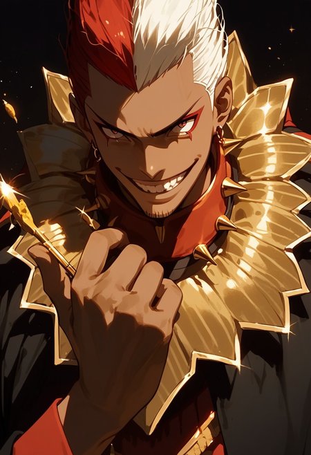 score_9, score_8_up, score_7_up, source_anime, rating_safe, ScorpioFT, red-white Scorpio hair, 1boy, male focus, spiked collar, rockstar, evil smile, gold dust, cropped waist, (hands with five fingers), finely detailed face, flat color, dark theme, Expressiveh,