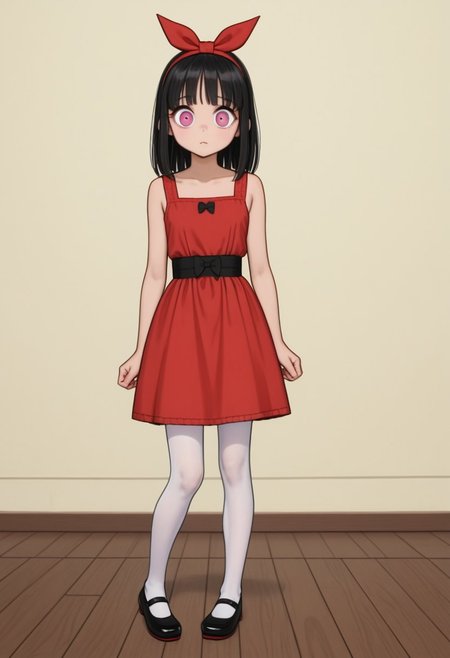 Solo, one character, 
1girl, OriginalBlossom, oval-shaped heads, red bow on head, red-orange waist-length hair, hair bangs, large eyes, pink eyes, fair skin, stubby arms, stubby legs, no necks, no noses, no ears, no hands, small red dress with a black-centered stripe, white tights, black Mary Janes shoes
