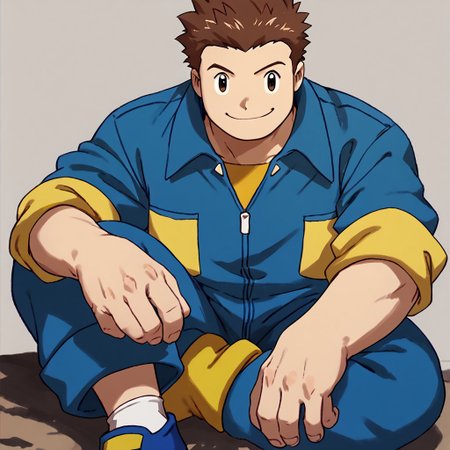 score_9, score_8_up, score_7_up BREAK JPDFr, 1boy, brown hair, brown eyes, blue jumpsuit with yellow accents, rolled-up yellow short sleeves, yellow pockets, socks, blue yellow shoes, smiling at viewer, stocky body,