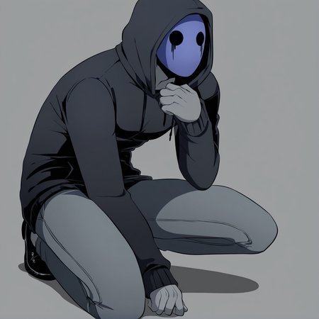 <lora:Eyeless_Jack:1> jack, hood, solo, mask, 1boy, male focus, grey skin, squatting, masterpiece, dark, high quality,