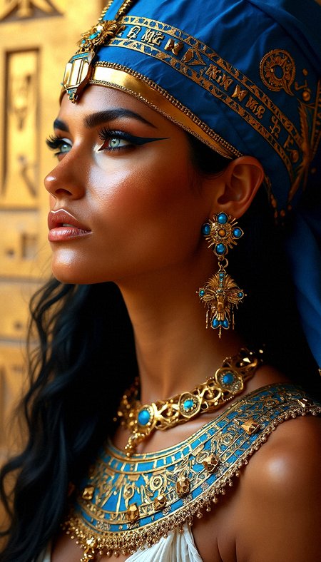  a photorealistic depiction of a very tanned egyptian woman with a powerful, ancient aesthetic. Her piercing blue eyes are framed by thick, black eyeliner in the style of Egyptian queens, extending in a dramatic wing. Her hair is jet-black, flowing from beneath a rich, royal blue scarf adorned with gold symbols and hieroglyphs. She wears heavy, elaborate earrings and a broad, golden collar necklace, both featuring geometric shapes and vivid blue accents that mirror the designs on her headscarf. The background is a golden hieroglyphics carved on wall, which heightens the drama of the scene and complements the gold tones in her jewelry. The lighting is soft but focused, highlighting the reflective details of the jewelry and bringing out the texture in her attire. The composition merges historical reverence with modern realism, presenting a figure that feels both ancient and timeless.
