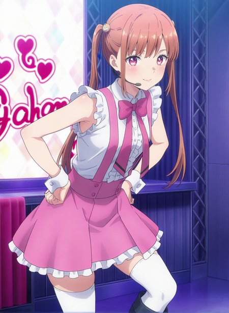 High quality,Ultra detailed,best quality,insanely detailed,beautiful,masterpiece,absurdres,very aesthetic,sensitive BREAK
1girl,solo,<lora:igarashi_reo_V1_IL:1>,(igarashi_reo, pink hair, pink eyes, long hair, twintails, mole under mouth, bangs, hair ornament, small breasts),(idol, pink bow, pink bowtie, white shirt, frills, sleeveless,suspenders,pink skirt,frilled skirt,white thighhighs,zettai ryouiki,knee boots),oshi ga budoukan itte kuretara shinu,looking_at_viewer,posing,smile,indoors,<lora:chamjam_stage_V1_IL:1>,stage,chamjam_stage,headset,