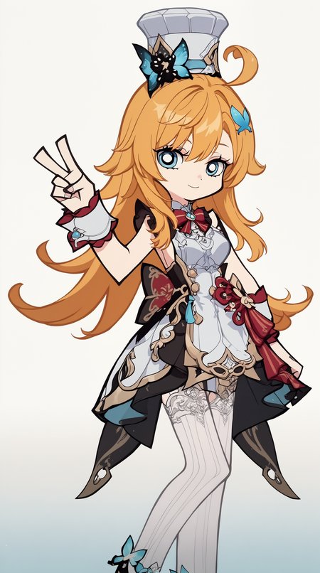 score_9, score_8_up, score_7_up,anime_source, source_anime, best background, detailed background, anime screencap,simple background, white background,    zzzemoji, Escoffier_gensh, 1girl, v-sign, pose, hair ornament, ahoge, butterfly hair ornament, orange hair, blue eyes, long hair, bangs,thighhighs,  hat, chef hat, white thighhighs, wrist cuffs, striped thighhighs, striped, white headwear, medium breasts, sleeveless, bow, skirt, <lora:Escoffier_Pony:0.8> <lora:ZZZ_Emoji_style_PONY:1>