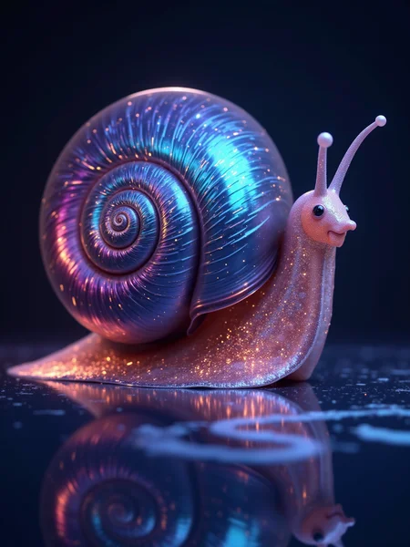 A giant snail with a magnificent, spiraling shell, its form filling much of the frame. The shell is the focal point, rendered with intricate, hyperreal detail and displaying a vibrant futurism hyperreal iridescent quality that shifts through a spectrum of colors like a living nebula. The shell seems to be glowing from within, emitting a soft light, and the snail's trail leaves behind a luminescent substance that creates swirling, surreal reflections on the ground. This creature is a piece of rendered digital art, viewed cinematically, emphasizing its glowing, reflective, surreal, hyperreal shell.
<lora:ral-iridescent-hyperreal-futurism-flux_000003000:1>