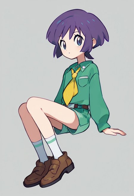 score_9,score_8_up,score_7_up,score_6_up,score_5_up,score_4_up,BREAKmasterpiece, hyper detailed, best quality, insanely detailed, high quality, exquisite, detailed, beautiful, ultra detailed,
Bugsy(pokemon)1 boy,
Green shorts, green shirt, brown footwear, white socks, yellow neckerchief,purple hair,
in Take style,