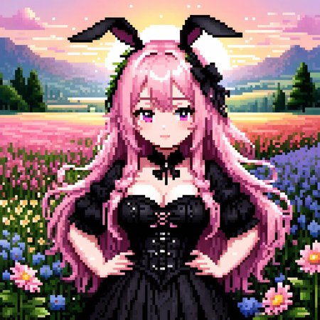 score_9, score_8_up, score_7_up, score_6_up,
(detailed pixel art):1.5, (1girl, chubby and fat figure, soft round features, pink long hair):1,
direct eye contact with viewer, (expressive hazel:0.5 eyes with pixie-like long lashes), dressed in a black gothic corset, flowing long skirt, wearing (black bunny ears)0.5,
background shows a scenic field of wildflowers at sunset with a (gentle sparkly effect):0.8,