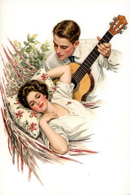 hafisher1 illustration. 
A young man and woman in a tender moment. The man, with short, neatly styled brown hair, is seated to the right, playing a guitar. He is dressed in a white shirt with a tie, and he is looking down at the woman. A woman with dark wavy hair is lying on a hammock, with her head resting a a pilow with flower patterns.
 <lora:hafisher1_cap_d6a3e12:1.0><lora:829845273087035877:0>