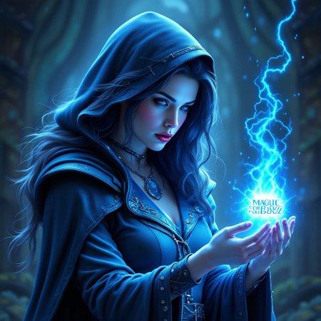 Cinematic style, Realism, Film still, High quality, A mystical and powerful Elizabeth 2.0 as a powerful sorceress with flowing blue hair, dressed in an ornate blue hooded cloak. She is casting a spell, that says: “Magic For Buzz” in lightning text, her hands glowing with blue magical energy. Her intense, captivating eyes are focused on the spell, and her cheeks are flushed with concentration. The background is ethereal and filled with swirling magic, adding to the otherworldly atmosphere. The intricate details of her clothing and the shimmering magical effects create a sense of fantasy and enchantment.
