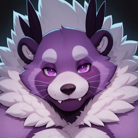 masterpiece, detailed background, best quality, absurd res, high detail, aesthetic, smooth drawing,
BentoC, furry male, viverrid, werebinturong, huge, fluffy, face focus, relaxed, looking at viewer, purple eyes, fangs, straight-on, black background, whiskers,