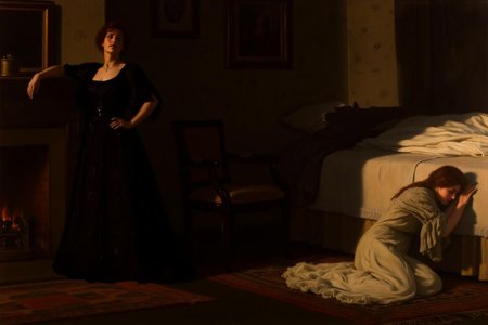 johncollier1 painting.
Two women in a dimly lit room. On the left, a woman in a dark gown stands confidently with one hand on her hip, the other on a mantel. On the right, a young woman in a light dress kneels on a rug, appearing distressed. The lighting emphasizes the contrast between the two figures. <lora:johncollier1_cap_d8a4e12:1.0><lora:850612646834136736:0>