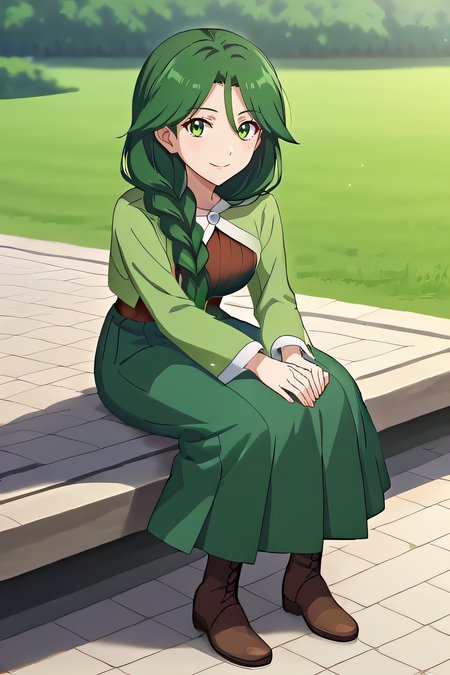 score_9, score_8_up, score_7_up, source_anime, rating_safe, intricate details, anime screencap, official style, 1girl, solo, <lora:PONY_Cheryl_v2:1>, cheryl, green eyes, green hair, hair over shoulder, single braid, green jacket, brown shirt, long sleeves, green skirt, long skirt, pleated skirt, brown boots, looking at viewer, outdoor, smile, sitting, full body, from side