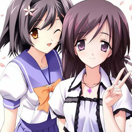 2girls,multiple girls,simple background,white background,smile,masterpiece,best quality,very aesthetic,absurdres,cowboy shot,upper body,close up,looking at viewer,smile,petals,falling petals,
BREAK
1girl,yuuno,memories off 6,short sleeves sumisora uniform,open mouth,
BREAK
1girl,kanna,memories off 6,lace top,lacekanna,v,<lora:MemoriesOff6AIO:1>,