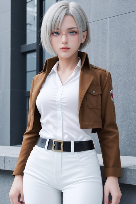 score_9, score_8_up, score_7_up, BREAK source_anime, <lora:Rico Brzenska-PonyXL-lora-Faxtron:1> rico brzenska, blue eyes, grey hair, short hair, medium breasts, glasses, white shirt, open cropped brown jacket, long sleeves, white pants, emblem, belt,