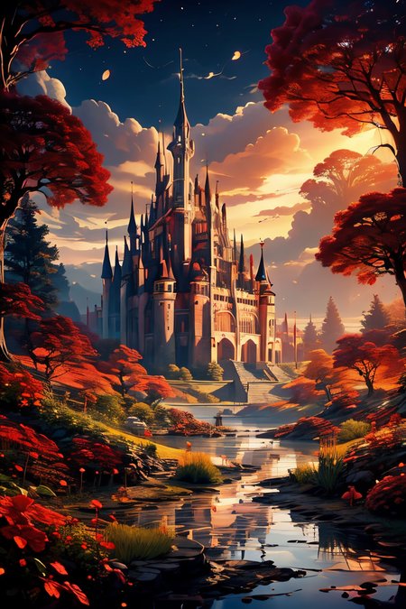 (Realistic:1.5), A glittering, mystical palace surrounded by a vast, shimmering lake., monster, red theme, standing, edobhorrorlandscape, red eyes, fireflies, solo, cloudy sky, blood, dark, no humans, red moon, night, tree stump, night, signature, garden, watermark, sunbeam, sunbeam, <lora:EdobHorrorLandscape_v1.0:0.6>  <lora:EdobFairyTaleLandscape_v1.0:0.6>