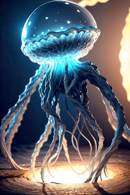 A floating, jellyfish-like alien with translucent, bioluminescent tentacles that emit a soft glow. It has a central body chamber that pulsates with energy. (Realisitc:1.5) alien woman monster, breasts, <lora:EdobMonsterFemale2_v1.0:0.8>