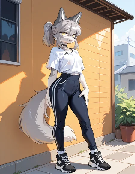 masterpiece, best quality, very aesthetic, absurdres,
outdoors, 
full body,  standing, posing,
casual, 
seductive smile, parted lips, long eyelashes,
<lora:Seraya_v01_NAIXL:1>
S3ray4,1girl,solo,furry,furry female,wolf girl,wolf ears,short hair,grey hair,ponytail,hair between eyes,long sidelocks,yellow eyes,snout,animal nose,choker,body fur,two-tone fur,grey fur,white fur,wolf tail,