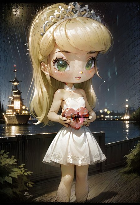 masterpiece,best quality,amazing quality, mature, clean lines, subtle lighting, bold outlines, cel shading, very aesthetic, absurdres, newest,
1girl, pinystyle, medium shot, closeup, solo, beautiful blonde girl, (blonde hair:1.3), mugenfan208, (small breasts:1.3), pink lips, green breastplate, white dress, cowhide tiara, (holding valentine's gift, hearts, heart-shaped particles:1.3), cute, joyful expression, standing on dock, ship in the distance, (legs open:1.1), sexy pose, rainy atmosphere,
AgedSepiaCE, blurry, (sepia tone, aged picture:1.3)