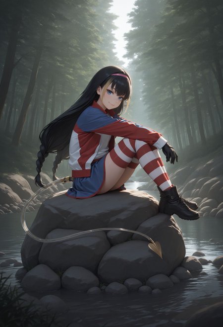 masterpiece,best quality,absurdres,highres,very aesthetic,high quality,detailed,insanely detailed,beautiful,perfect lighting, looking at viewer, 
,   <lora:Lessar illu:1> 1girl, black hair, multicolored hair, two-tone hair, long hair, twin braids, braid, pink hairband, blue eyes, jacket, multicolored clothes, striped clothes, black gloves, blue skirt, striped thighhighs, zettai ryouiki, mechanical tail, demon tail, 
 smile, looking at viewer, resting head on legs, standing, straight shot, cowboy shot, detailed, clean linework, shading, vibrant, atmospheric, wind, cinematic lighting, river, water, forest , trees, sitting on a boulder, full body view, high resolution, ultra-detailed, absurdres, masterpiece, best quality, good quality, newest, vibrant, colorful,