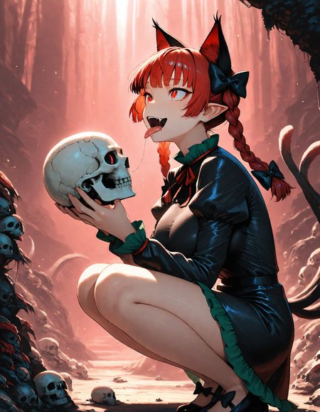 munakata_(sekimizu_kazuki), hamada_yoshikazu,negative space, cinematic shot, masterpiece, highres, absurdres, newest,  wide shot, ,slimes_skullwm,made of skulls,kaenbyou_rin, touhou, 1girl, pink_hair, red_eyes, solo,animal_ears ,black_bow, black_dress , braid,breasts, cat_ears , dress,extra_ears, fang ,frilled_dress ,frills, hair_bow ,large_breasts ,long_eyelashes  ,long_sleeves ,multiple_hair_bows, pointy_ears ,red_bow , red_hair, slit_pupils, smil,tight_clothes ,tight_dress, twin_braids ,fang, crazy_eyes ,crazy_smile ,holding skull, squatting, tongue, tongue_out , saliva,saliva_drip ,open mouth, from side,
<lora:SlimesSkullWM:1> <lora:ponyv5_noobE11_1_adamW:0.7> <lora:illustrious_noobai_epsilon_pred_11_very_aesthetic_v1:0.7> , <lora:kaenbyou_rin_image6792_2023-12-20:0.6>