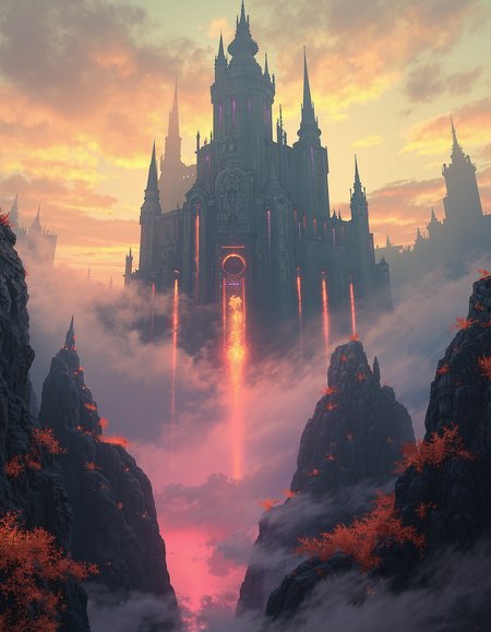 A wide-screen landscape on another planet, enveloped in a dense, neon-colored fog that blankets the entire scene with a surreal, glowing haze. The fog pulses in shades of grey-yellow, red, and beige, casting an otherworldly light across the terrain. Jagged, alien rock formations rise from the ground, their sharp edges softened by the mist. The landscape is barren, with patches of luminous vegetation glowing faintly in the distance, adding an ethereal quality to the alien world. In the center of the scene, towering above the mist, looms a massive, foreboding sci-fi fortress that resembles a hybrid between a medieval prison and a dystopian citadel. Its immense, monolithic structure is reinforced with thick, obsidian-like walls lined with pulsating red and violet energy barriers. Jagged spire-like towers rise ominously into the sky, each adorned with glowing runes and harsh, angular metal plating. The architecture is brutally functional, built for confinement and control, with massive barred windows, heavy blast doors, and towering watchtowers scanning the terrain with piercing searchlights. The fortressâs central keep is a grotesque fusion of gothic arches and cold, industrial machinery, its surface bristling with antennae, exposed conduits, and alien security systems. A series of colossal chains extend from its highest towers, vanishing into the dense fog as if anchoring the structure to unseen forces. Below, a deep chasm surrounds the fortress, filled with shifting, luminescent mist that swirls ominously around the base. The entire structure radiates a menacing presence, standing as a grim monument to control, imprisonment, and an ancient, unyielding authority. The painting is in the style of umesky. <lora:ume_sky_v2:1>