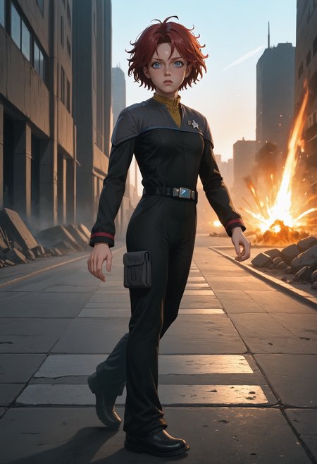 score_9, score_8_up, score_7_up, source_anime, worried, heavy breathing, jogging, (from side:1.2), looking at viewer, 
BREAK
<lora:KaraDBH:0.9> 1girl, short hair, (messy hair:1.4), red hair, blue eyes, lips, small breasts, (slim hips:1.1), (skinny:1.2), slender, athletic, 
BREAK
<lora:ponyDS9:1> ds9st, black and grey star trek uniform, grey shoulders, yellow neck, black jumpsuit, shoes, (belt:1.1),
BREAK
<lora:StS_PonyXL_Detail_Slider_v1.4_iteration_3 (1):3>, scenery, outdoors, cityscape, (science fiction:1.5), (explosions in background:1.2), (smoke:1.1), fire, rubble, warzone,
BREAK
volumetric lighting, depth of field, cinematic, vibrant, shadows, detailed, high contrast,âââ <lora:vivid_everclear:0.3>,âââ