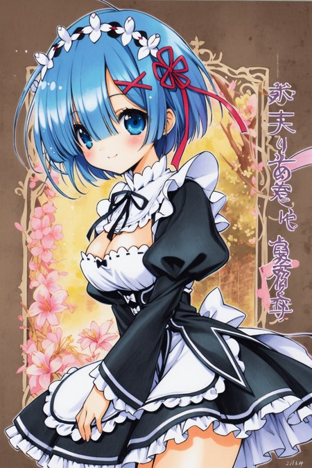 1girl,solo,rem (re:zero),blue hair,x hair ornament,short hair,hair ornament,blue eyes,maid,looking at viewer,ribbon,maid headdress,long sleeves,dress,roswaal mansion maid uniform,smile,hair ribbon,breasts,puffy sleeves,frills,apron,bangs,closed mouth,black ribbon,pink ribbon,blush,medium breasts,black dress,juliet sleeves,cowboy shot,flower,hair between eyes,red ribbon,waist apron,traditional media,<lora:Ramiya Ryou_XL:0.8>,