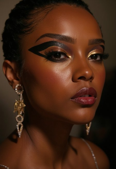 A sensual close-up portrait of Makeda, Queen of Sheba, her face illuminated with soft, golden light that enhances her regal beauty. Her lips are full and meticulously detailed, with a slight sheen of deep crimson gloss, parted ever so slightly to reveal their natural allure. Her iconic eye makeup is striking: bold, black kohl lines extend dramatically from her almond-shaped eyes, winging outward with precision to form the classic Egyptian "feline flick." A shimmering band of gold eyeshadow accentuates her eyelids, blending seamlessly into her black skin tone. Her thick, jet-black lashes curl upward, framing her penetrating gaze, which is both seductive and commanding. Tiny beads of sweat glisten on her flawless complexion, adding a subtle sensuality. Her high cheekbones are lightly brushed with a warm bronze tone, emphasizing her face's elegant structure. Makeda, Queen of Sheba look is the epitome of opulence and mystery, her beauty a timeless invitation to fascination.