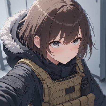 masterpiece, best quality, amazing quality, very aesthetic, high resolution, ultra-detailed, absurdres, newest, official wallpaper, 1girl, short hair, brown hair, grey eyes, looking afar, <lora:TactFit [NOOBAI]:0.8> tactfit, tactical clothes, bulletproof vest, black hooded cloak, hood down, fur trim, BREAK, foreshortening, extremely detailed clothes, detailed eyes, detailed skin, detailed hair, masterpiece, best quality, amazing quality, very aesthetic, high resolution, ultra-detailed, absurdres, newest, volumetric lighting, official wallpaper