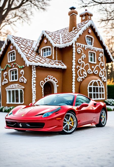 Ferrari 458,in front of house.<lora:GingerbreadStyle_epoch_10:0.7>