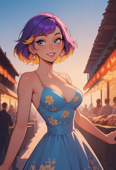 safe_pos, score_9, score_8_up, score_8, 1girl , solo sexy woman, sky blue eyes, straight short purple hair, elegant bob hair, (yellow highlights), bangs, hair swept to one side,  pink eyeliner, perfect face, elegant, refined, medium breasts, colorful floral sundress, sweet smile, dynamic pose, volumetric lighting, cinematic lighting, outdoors, festival, vibrant colors, blurry background