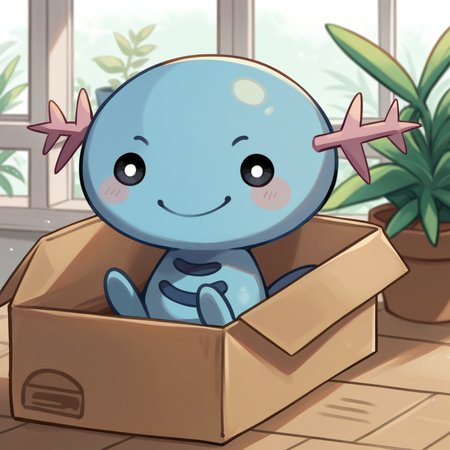 score_9, score_8_up, score_7_up, source_anime,  <lora:chibi_box_b0xe_v2.1:0.8> b0xe, in box, chibi, cardboard box, <lora:WooperPKMN-pdxl:1> w00per, pokemon \(creature\), no humans, blue skin, black eyes, white pupils, smile, potted plant, window, indoors