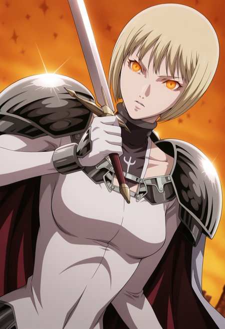 anime screencap, anime coloring, 1girl, solo, <lora:DX888ClareIL:1>  clare, blonde hair, glowing eyes, orange eyes, blonde hair, bob cut, cape, bodysuit, pauldrons BREAK  simple background,  orange background, argyle background, BREAK upper body,   dutch angle, dynamic pose, posing, fighting stance, holding sword,