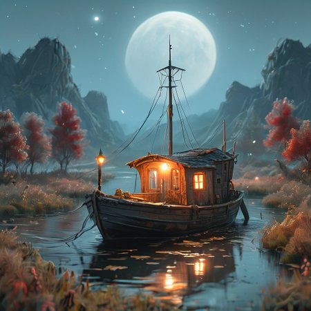 linquivera, Ink illustration, (anime:0.5), brown tones, aged black red paper, inkpunk, moonlight,surreal, a ghost standing on a boat in swampy wetlands, (at a distance), Will-o'-the-wisp, moonlit, lonely, solitude, windy, tall trees, willows, willowy, OverallDetail, extremely detailed, UHD,(long exposure , dystopian but extremely beautiful:1.4),   letitflrsh, ,  bosstyle   read description <lora:- SDXL - letitflrsh_let_it_flourish_V1.0:0.8>,<lora:Cute_Collectible:1>,<lora:XL_Boss_Battle_-_By_HailoKnightV2:0.6>,<lora:add-detail-xl:1>,<lora:Concept Art Twilight Style SDXL_LoRA_Pony Diffusion V6 XL:1>,<lora:MJ52:1>