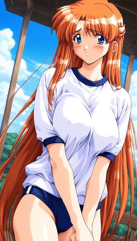 score_9, score_8_up, score_7_up, source_anime, rating_explicit, BREAK  <lora:Kobayakawa_Mizuho_XL:1> Kobayakawa_Mizuho, blue eyes, very long hair, orange hair, 1990s (style), bangs, breasts,
gym uniform,white shirt, dark blue buruma, blush, sad,
looking at viewer, sky, outdoor,