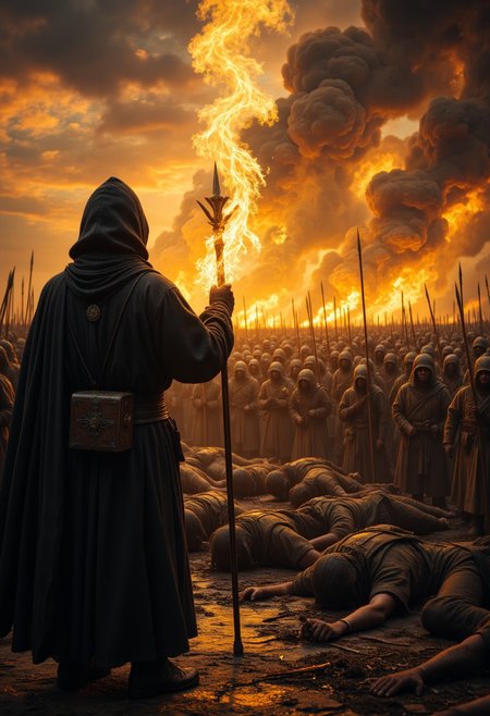 "A hooded cleric stands at the edge of a battlefield, his glowing staff pulsing with healing light. Wounded soldiers crawl toward him, their eyes filled with desperation. He raises his hand, chanting a divine hymn as golden energy washes over the fallen, pulling them back from the brink of death."
   , aidmamjv7, aidmaHyperrealism, aidmaimageupgrader