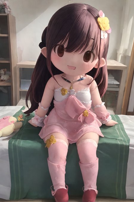 <lora:fufuRealisticAnime_v10:1>,FU1FU,CHARCTER DOLL,FABLIC DOLL,CHIBI, ANIME, masterpiece, best quality, ultra detailed, highres, 1girl,  (NSFW:0.6),  beautifully detailed background, cinematic lighting, medium breasts