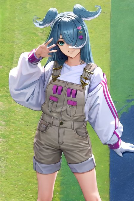 solo_focus, 1girl, (((masterpiece))), ((best quality)), ((ultra-detailed)), high resolution, absurdres, highres, ultra-detailed 8k unity wallpaper, 
elira1st, long sleeves, overalls, white sweater, off shoulder, grey gloves, one eye covered, overall shorts,
