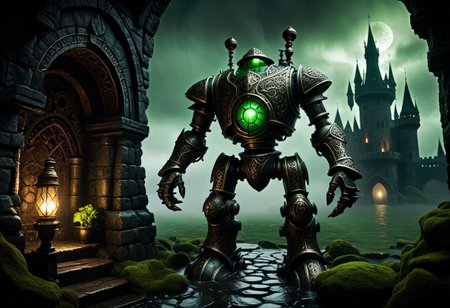giant bipedal robot dirty white and dark green, bronze paisley robot. lacy robot metal. lava lamp head. outside of a steampunk keep. large detailed torso. dark image. one forty foot tall ancient robot with great arms and two heavy spring legs. dark foggy night background. $dark foggy night image only. dark photo realistic image. steampunk details. cogs, chains and pipes incorporated in the fantasy buildings. magic wizards tower in background. Dark swamp, moss, castle ruins, wizards tower. stormy dark night.  stormy sky.