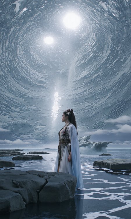 Top Atmosphere Photography Works, extremely realistic, Art by Zhang Jing, 
﻿
An enormous labyrinth of glass stretches into the horizon, its walls shifting and twisting like liquid. The sun refracts through the maze, creating impossible illusions. 
A lone (girl/female immortal, jewelry, earrings, red lips, long sleeves, hair bun, shawl, ribbon, Phoenix Crown, Biyao, Jade Ornaments, Floral Ornaments, armor, Hair Pin, Hair Comb, Golden Forehead Ornament, Beaded Strands, feathers clothes, cleavage, huge chest) steps inside, unaware that the reflections are watching her and they are not all friendly,
﻿
(photorealistic:1.5), (Extremely realistic, masterpiece, top quality, official art, best quality, beautiful and aesthetic:1.2), 4k, 8k, very rich details, 24bit colors, vivid colors, cinematic color grading, landscape,