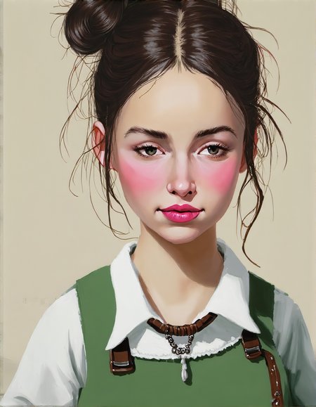 Close-up of a painted portrait of a young woman.Â 
The woman has dark, slightly tousled hair styled in a bun.Â Her eyes are closed, and she has a soft, serene expression. Her face is pale, with light blush on her cheeks and subtle eyeshadow. Her lips are a soft pink.Â She wears a choker-style necklace.
She is wearing a green, loose-fitting overall style dress or top, with a white blouse or shirt over the top, which has a slightly oversized, ruffled look to the sleeves. The green garment has a noticeable belt with a dark brown/black buckle.
The background is a light beige or cream color with subtle brushstrokes, which gives the painting an almost textured and painterly quality. The focal point is clearly the woman's face and torso. The colors are muted, and there is a soft lighting that creates a dreamy atmosphere to the image., <lora:FLUX-daubrez-DB4RZ-v2:1> DB4RZ, DB4RZ style painting, 1girl, perfectly flat chest, tiny perky tits