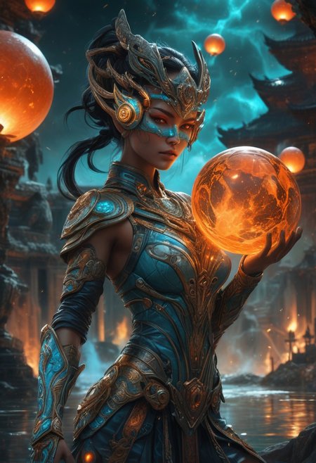 "Create a hyper-realistic depiction of a powerful, mysterious warrior infused with cosmic energy, set against an ancient, moonlit temple. The character embodies a seamless blend of elegance and strength, wearing a sleek, form-fitting suit with intricate metallic accents and glowing cyan and orange veins, mirroring a fiery core of energy encased in a futuristic orb. Her mask partially conceals her identity, with striking, piercing eyes that radiate confidence and intrigue. The environment reflects the mystical aura, featuring a serene pool reflecting the full moon, ancient ruins, and glowing lanterns, while incorporating elements of molten lava and fiery tendrils spreading across the scene, blending technology with nature. The orb’s influence is visible, creating cracks of molten energy along her armor and the ground beneath her. The scene is rendered with cinematic lighting, capturing subtle details in texture, reflections on water, and a balance between the cool moonlight and the fiery warmth of the orb. The atmosphere is charged with mystery and power, emphasizing the fusion of human and elemental forces."