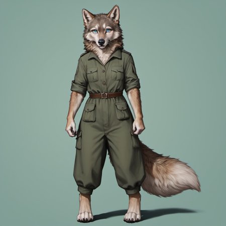 score_9, score_8_up, score_7_up, source_furry, detailed face, detailed eyes, incredible detail BREAK 1girl, solo, anthro, wide shot (furry female, wolf, light brown fur, monotone fur, light blue eyes,slightly wide hips, small breasts), black nose, whiskers, ear flop, solo, looking at viewer, simple background, green background, full body, hunter outfit, archer outfit, shy pose