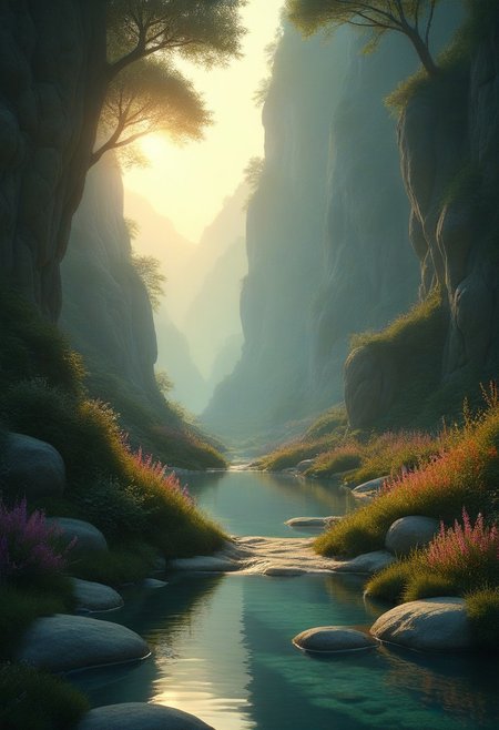 A serene fantasy landscape with intricate detail, soft lighting casting a warm glow over rolling hills and dense forests. The mood is peaceful yet magical, from a low-perspective angle that emphasizes vastness and wonder. The setting includes crystal-clear streams and vibrant wildflowers. Textures like smooth stone, detailed plant life, and reflective water surfaces add depth. Genres blend seamlessly into the scene's natural beauty. This prompt ensures a balance of detail and creativity to bring the image to life.