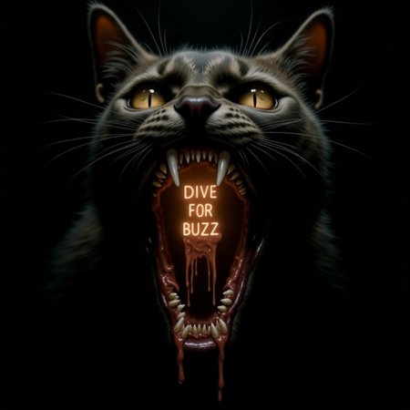 (horror theme, hyper-realistic, cinematic lighting, eerie atmosphere, extreme close-up, monstrous cat, unsettling details) A horrifying cat with an impossibly wide-open mouth dominates the frame, its fanged maw stretched to unnatural proportions. The interior of its mouth glows faintly, illuminating jagged teeth and a grotesque, cavernous throat. Etched into the glowing flesh inside its mouth is the text "DIVE FOR BUZZ," written in an ominous, dripping font that seems to pulse with otherworldly energy.

The cat’s eyes are wide and bloodshot, filled with a mix of madness and predatory hunger, exuding pure terror. Its fur appears matted and patchy, revealing raw, leathery skin beneath in places, while saliva drips from its razor-sharp teeth, catching the dim light like viscous strands of liquid horror.

Surrounding the creature is a dark, moody environment—a void-like space where shadows stretch and writhe as if alive, amplifying the sense of dread. Cinematic lighting highlights every grotesque detail: the twitching whiskers, the quivering gums, and the unnatural elasticity of its jaw. This surreal blend of cuteness warped into nightmare fuel creates an unsettling contrast, evoking both fascination and fear.