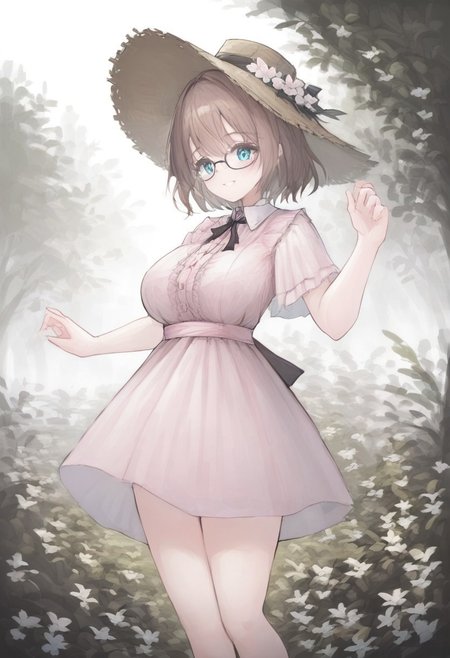 safe_pos, score_9, score_8_up, score_7_up,
masterpiece, best quality, detailed, amazing quality,
detailed background, garden, flowers,
dynamic pose,
detailed face, detailed eyes, clean eyes,
solo, 1girl, woman, short hair, brown hair, messy hair, blue eyes, curvy, wide hips, big breasts, cute,
dress, frilly, pink dress, bow, smile, round glasses, sunhat, frilly dress,