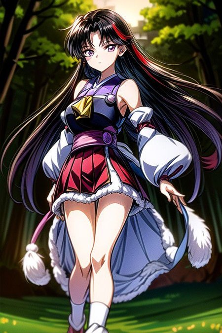 masterpiece,  best quality 1girl Setsun4 solo long hair,  (night time) forest background black hair very long hair purple eyes multicolored hair armor (fur trim) (medium body),<lora:EMS-179-EMS:0.800000>,<lora:EMS-293862-EMS:0.800000>ascot, bare shoulders, black footwear, detached sleeves, embellished costume, frills, japanese clothes, nontraditional miko, red skirt, sandals, sarashi, skirt, socks, white sleeves, white socks, wide sleeves, yellow ascot, zouri, armor, miko