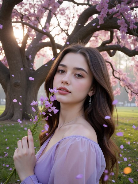The image is a high-resolution photograph featuring a young woman with a fair complexion and long, wavy, dark brown hair. She has a delicate, symmetrical face with high cheekbones, full lips, and almond-shaped eyes accentuated by subtle makeup. Her expression is calm and slightly pensive as she gazes directly at the camera. She is wearing a light lavender, sheer gauze blouse with a V-neckline, the fabric appearing light and ethereal, gently clinging to her silhouette and subtly highlighting the curves of her body. One side of the blouse slips slightly off her shoulder, revealing a smooth collarbone and a hint of skin, enhancing the quiet sensuality of the image. Her ears are adorned with small, elegant, round earrings that have a sparkling effect, adding a touch of sophistication to her look. In the foreground, she holds a small bunch of delicate purple flowers with slender green stems, the petals brushing gently against her lips as if caught in a soft breeze, adding a natural, serene, and slightly flirtatious element to the image. The background is softly blurred, showing a dreamlike scene beneath a large, ancient tree with twisted branches and a glowing canopy. Soft, shimmering light filters through its leaves, and tiny fireflies hover in the air, glowing gently like floating stars. Petals fall slowly from the branches above, drifting around her as if time itself has slowed. Subtle purple and golden hues bathe the setting, casting magical highlights on her hair and skin, creating a scene that feels both enchanted and intimate. The lighting is natural and soft, enhancing the features and colors in the scene, giving it a warm, glowing, and almost surreal ambiance. Her posture is relaxed, with one hand resting lightly near her collarbone and her head tilted ever so slightly to one side, suggesting a blend of confidence, gentleness, and otherworldly allure. The overall composition and the subject’s poised demeanor convey a sense of elegance, sensuality, and ethereal contemplation.